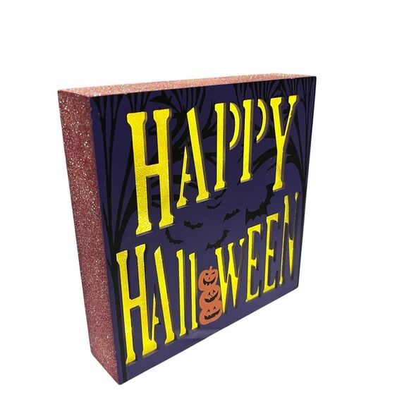 "Halloween" Purple Glittery Halloween Light Up Box Decor - Picture 2 of 4
